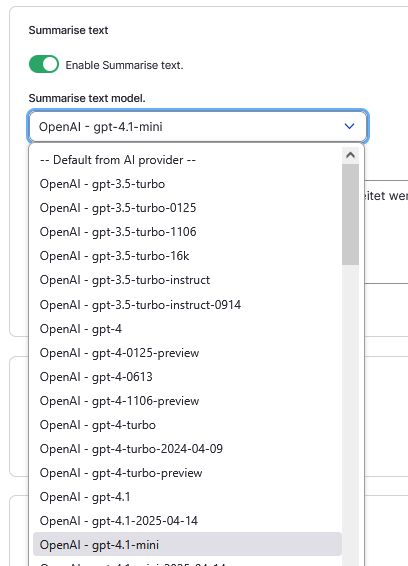 Last Language Modelle für Summarize Text im Submodul Content Suggestions für Drupal AI Module