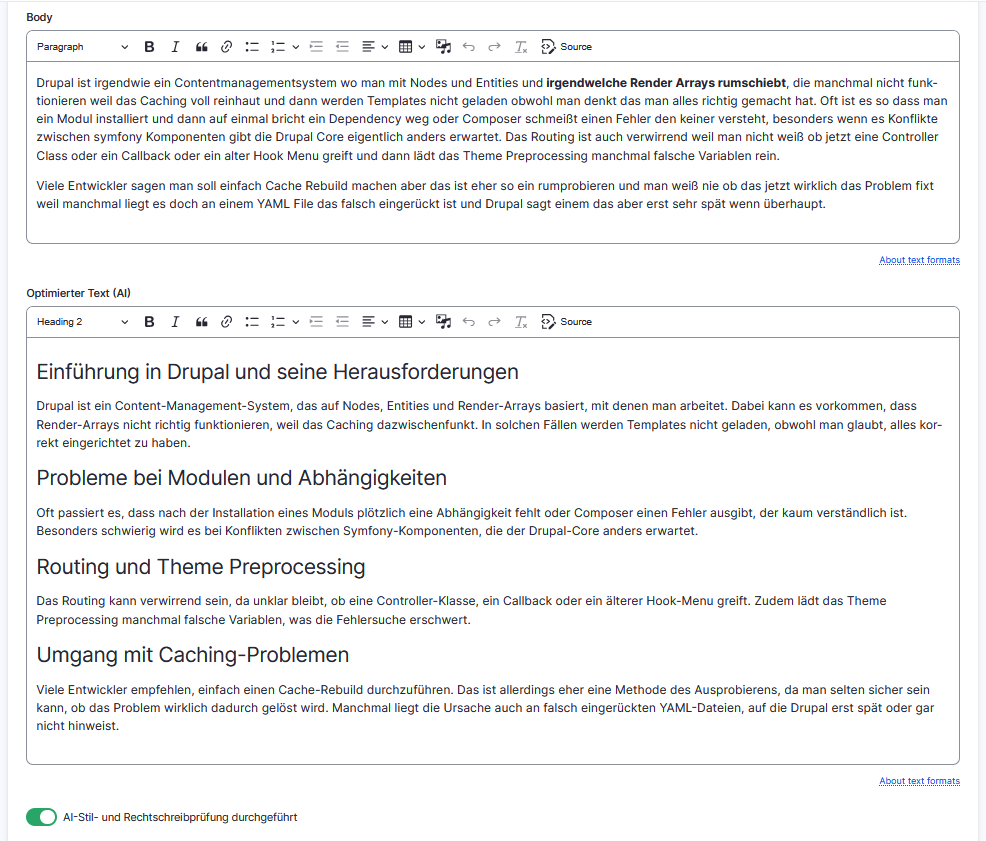 Erzeugung eines optmierten Textes mit AI Content Suggestion und Summerise in Drupal