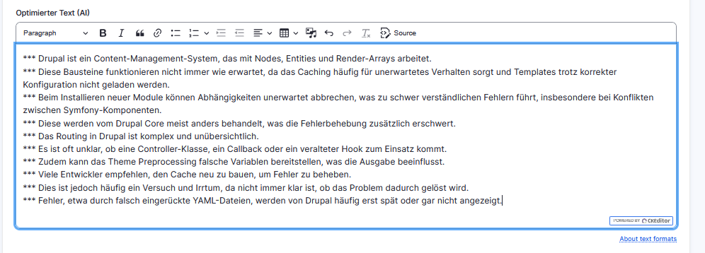 Neuer Text mit Custom Plugin (eigenes Modul) von AI Custom Suggestions unter Drupal erzeugt